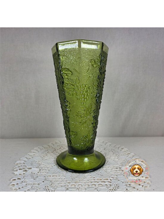 None Other - MCM Green Pressed Glass Vase With Grape & Wine Pattern Octagonal Shape 9.5" Tall
